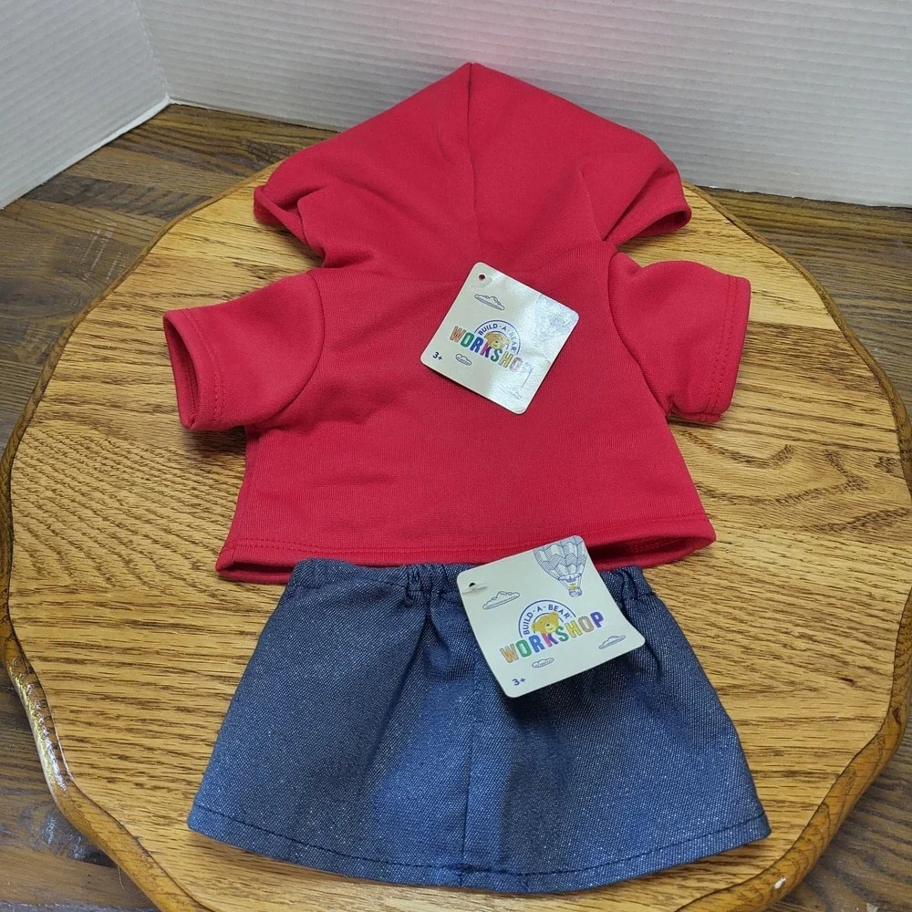 NWT Build A Bear Workshop Red Hugs Hoodie Denim Skirt Plush Outfit Accessory